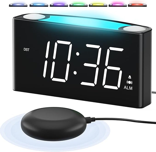 Vibrating Alarm Clock,PPLEE Loud Alarm Clock for Heavy Sleepers Hearing Impaired Deaf Teens,Bed Shaker Alarm Clocks for Bedrooms,5 dimmable,7 Color Night Light,USB charging,Type-C Charger,Memory Alarm