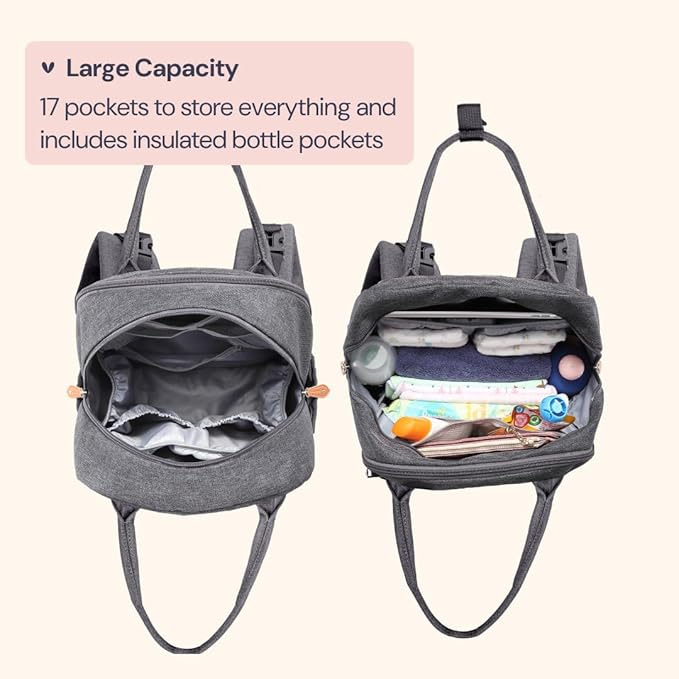 BabbleRoo Diaper Bag Backpack - Baby Essentials Travel Tote - Multi Function Waterproof Diaper Bag, Travel Essentials Baby Bag with Changing Pad, Stroller Straps & Pacifier Case - Unisex, Dark Gray