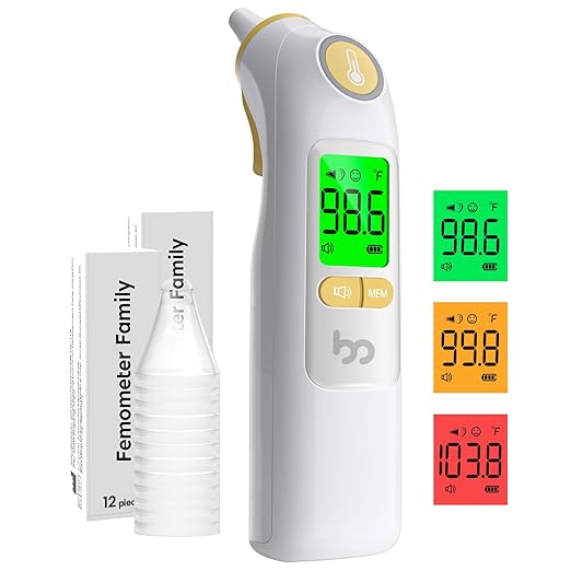 Ear Thermometer, Highly Accurate Ear Thermometer for Kids, Adults and Babies, 30 Memory Recall, 1s Result and 3-Color Fever Alert, with 24 Disposable Probe Covers, Yellow