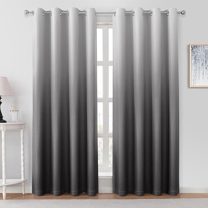 HOMEIDEAS Grey Gray Ombre Blackout Curtains 52 X 96 Inch Length Gradient Room Darkening Thermal Insulated Energy Saving Grommet 2 Panels Window Drapes for Living Room, Bedroom