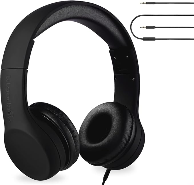 LilGadgets Connect+ Wired Kids Headphones for School with Mic, Volume Limited & Noise Reduction, On-Ear Headset with Cord, SharePort Technology for Multiple Kids & SoftTouch Padding, Black