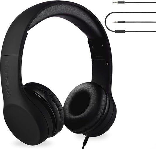 LilGadgets Connect+ Wired Kids Headphones for School with Mic, Volume Limited & Noise Reduction, On-Ear Headset with Cord, SharePort Technology for Multiple Kids & SoftTouch Padding, Black