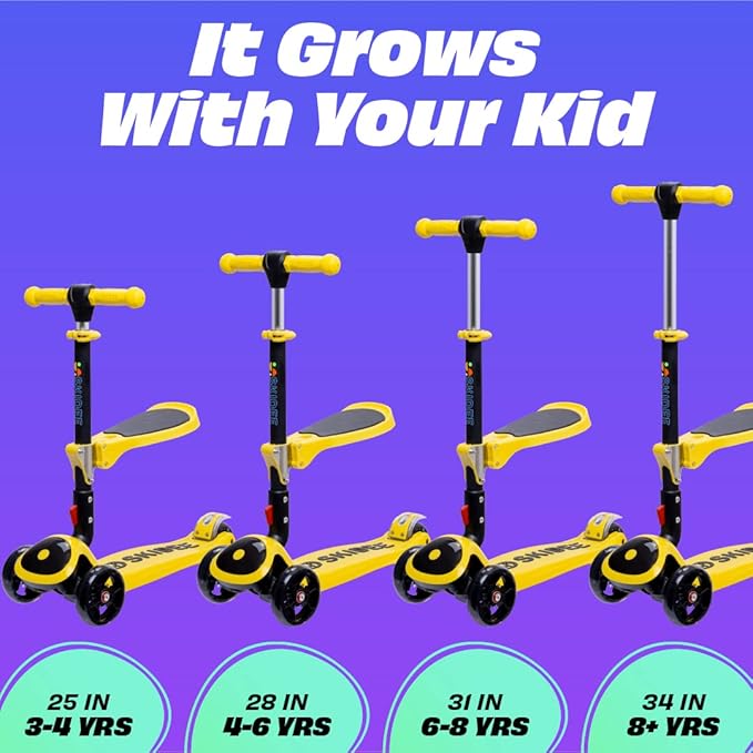 SKIDEE Kick Scooters for Kids Ages 3-5, Adjustable Height Foldable Scooter with Removable Seat, 3 LED Light Wheels, Rear Brake, Wide Standing Board, Suitable Up to 12 Year Old Boys/Girls