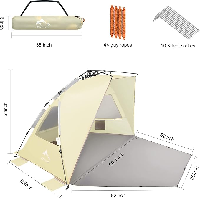 Oileus XX-Large Pop Up Beach Tent Sun Shelter for 5-6 Person Portable Sun Shade Instant Tent for Beach with Carrying Bag, Stakes, 6 Sand Pockets, Anti UV for Fishing Hiking Camping Khaki