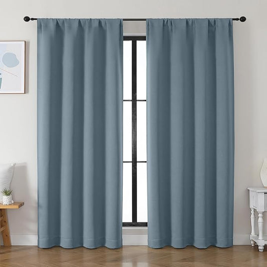 Simplebrand Ava Stone Blue Blackout Curtains for Bedroom 84 Inch Length 2 Panels Set, Solid Thermal Insulated Privacy Living Room Window Treatment Curtains Blackout Drapes, W50 x L84 Inch, Stone Blue