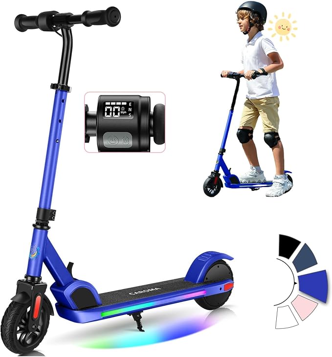 Caroma Electric Scooter for Kids Ages 6-12,150W/180WMotor,10 MPH Max Speed & 7 Miles,Colorful Lights,Adjustable Height & Speed,LED Display,Foldable Kids Electric Scooter 132 Lbs Max Load,Idea Gift