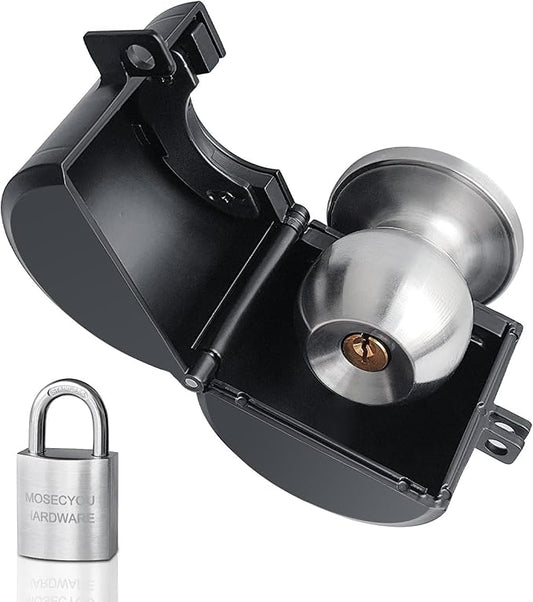Door Knob Locking Cover with Padlock, Heavy Duty All Metal Version, Adjustable Design, Lockout Device to Disable Doorknob, Prevents Turning & Block Keyhole Access, Safety for Child/Elderly