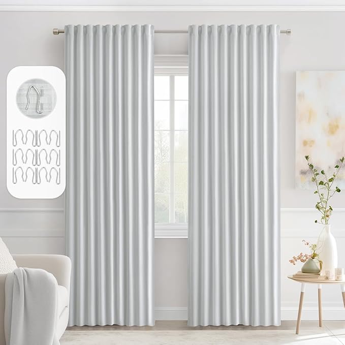 MIULEE Greyish White Back Tab Blackout Curtains 72 Inches Long 2 Panels Set for Living Room Bedroom Privacy, Rod Pocket/Pinch Pleat Thermal Insulated Room Darkening Pleated Light Blocking Drapes