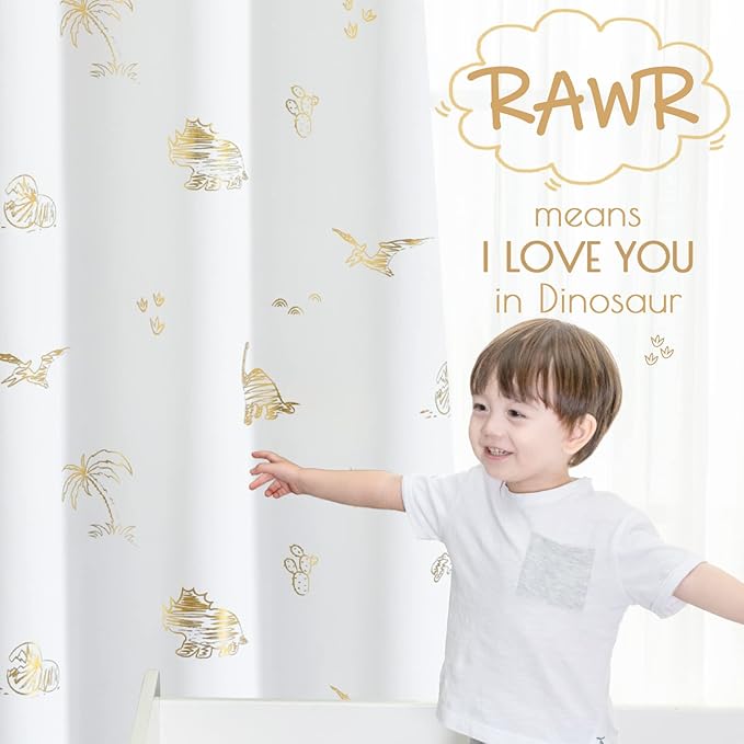 Vangao Kids Curtains White Drapes Dinosaur Curtains for Boys Kids Nursery Girls Room Golden Dino Foil Print Light Filtering Grommet Top Window Drapes 63 Inches Length 2 Panels
