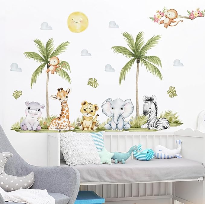 56.29 x 44.88 Inch Watercolor Animal Wall Decals - Jungle Stickers With Tiger, Elephant, Zebra, Giraffe, Monkey, Hippo for Baby Nursery, Bedroom, Classroom, Kindergarten Decor