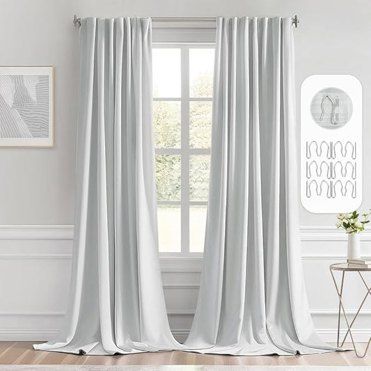 MIULEE Back Tab Light Blocking Curtains 120 Inch Long 2 Panels Set for Living Room Bedroom, Greyish White Rod Pocket/Pinch Pleated Extra Long Thermal Insulated Room Darkening Blackout Curtains/Drapes