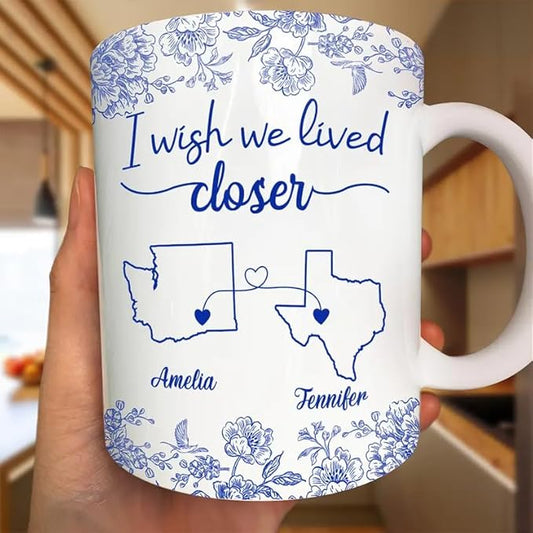 Personalized Mug - Chinoiserie Toile I Wish We Lived Closer - Trendy France-China Inspired Design - Christmas Birthday Gift for Girl Friends Besties BFF Best Friend Wildflower Floral Frame