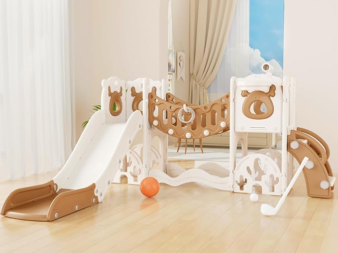 YUFU Toddler Slide Set, 11 in 1 Kids Slide for Toddlers 1-3, Toddler Playset with Climbing Bridge, Golf Set, Basketball Hoop, Indoor Outdoor Playground (Brown)