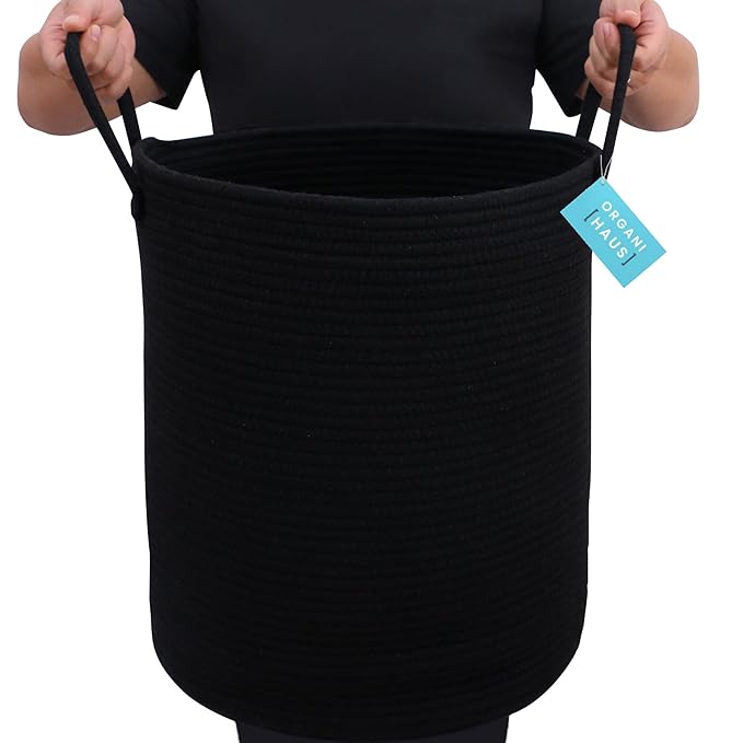 OrganiHaus Woven Laundry Basket - Large Round Black Rope Basket for Dirty Clothes, Blankets, Toys & Nursery Organizers - 38x45cm