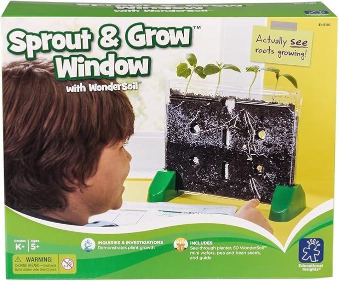 Educational Insights Sprout & Grow Window - See-Through Sprouts Growing Kit, Kids Gardening Set, Starter Science Kits for Kids, Root Viewer, Interactive Homeschool or Classroom Planter, Ages 5+