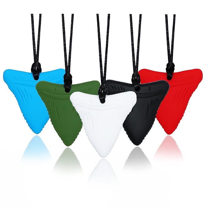 Sensory Chew Necklaces for Kids, Shark Tooth Silicone Chewy Necklace 5 Pack for Autism/ADHD/SPD, Autism Sensory Toys Reduce Chewing Fidgeting for Boys Girls Adults Chewer
