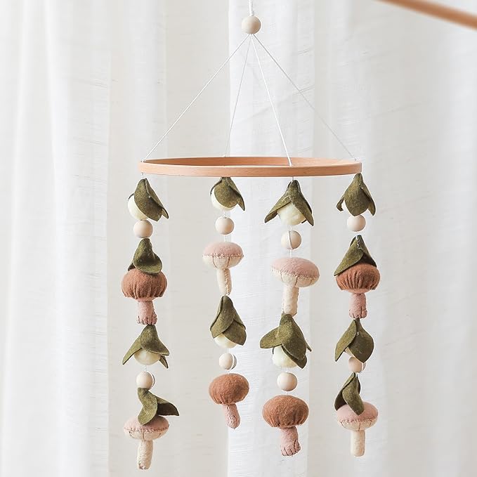 Baby Mobile for Crib,Crib Mobile for Boys Girls, Soft Crib Toys Hanging，Baby Mobile for Bassinet，Boho Nursery Decor Neutral（Mushroom，Leaves,Cotton）