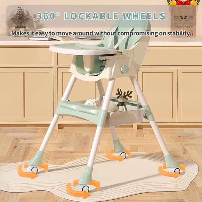 High Chairs for Babies and Toddlers, 4 in 1 Convertible Baby High Chair, Portable High Chair for Travel with Adjustable Height and Back, Foldable HighChair with Wheels& Pu Cushion (Green)