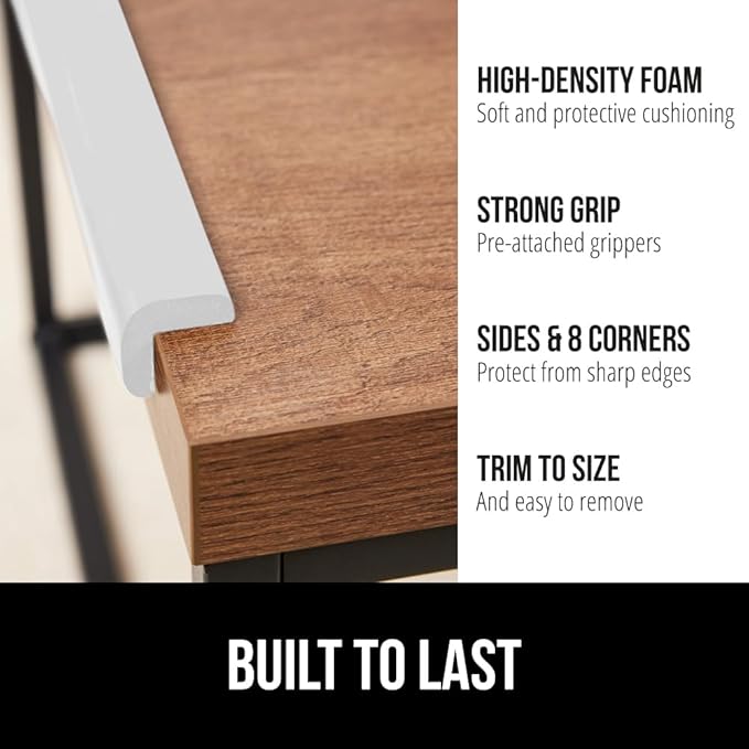 GORILLA GRIP Baby Proof Corners and Edges for Furniture, Kid Proofing Adhesive Table Corner Protectors, Heavy Duty Soft Rubber Foam Protection, Includes 8 Protective Safety Guards, 15 Feet, Off White