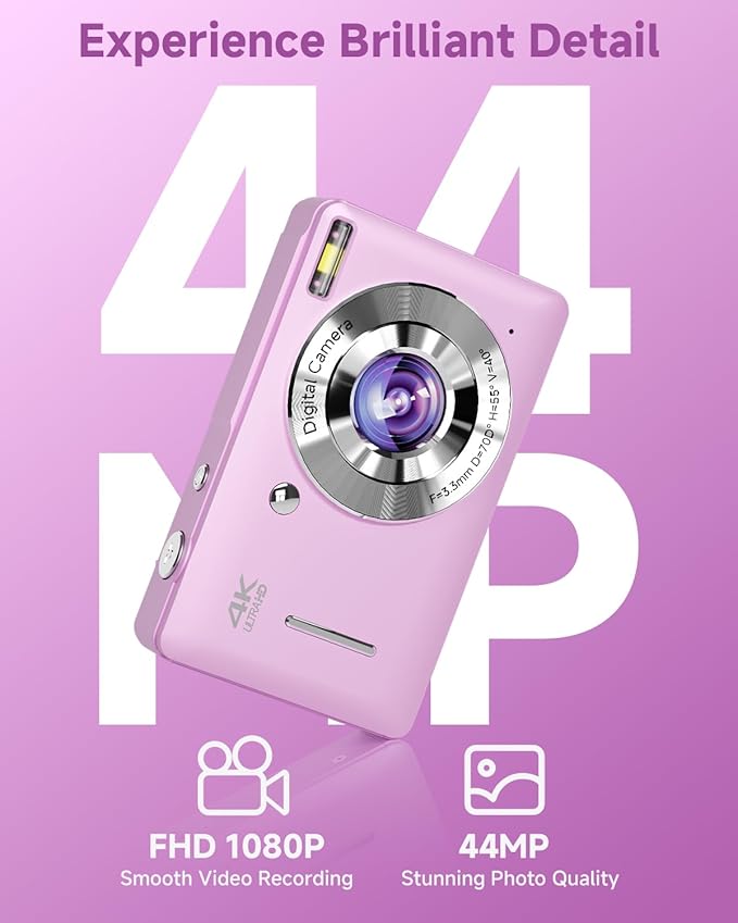 Digital Camera, 44MP FHD 1080P, 16X Zoom, 32GB SD Card, Compact Camera for Kids Teens Adults, Purple
