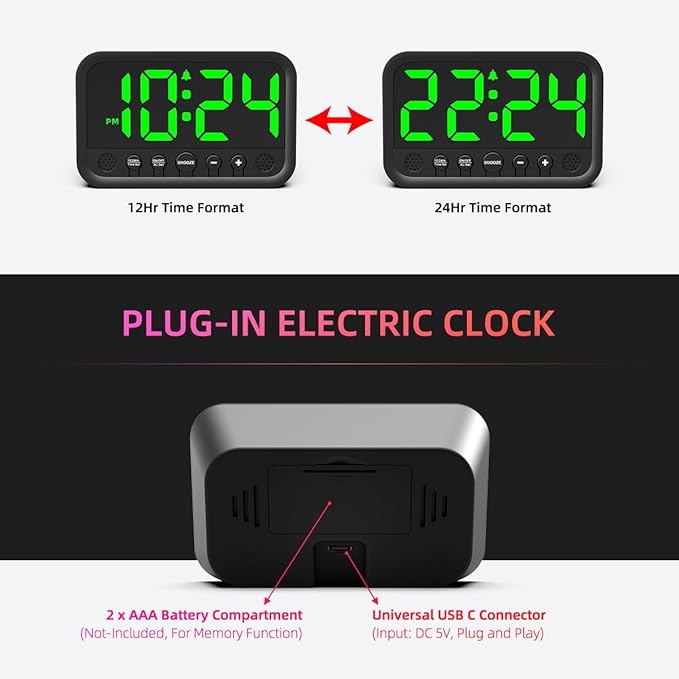 Small LED Digital Clock for Bedroom, Loud Alarm Clock for Heavy Sleepers Adults, Teens | Plug-In Electric Desk Clock | Simple Bedside Nightstand Clock with Adjustable Volume/Brightness/Snooze – Green