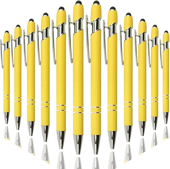 Ballpoint Pen with Stylus Tip, Soft Touch Click Metal Pen, 1.0mm Medium Point, Black Ink, 12 Count(Yellow)