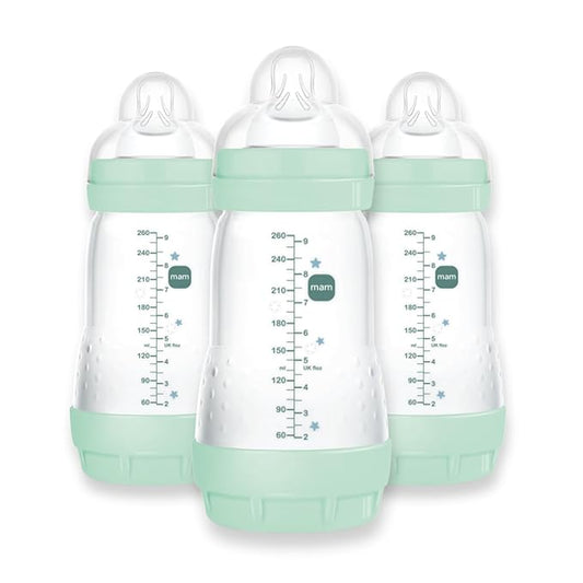 MAM 9oz Easy Start Anti-Colic Baby Bottles, Medium Flow, Breastfeeding-Like Silicone Nipple, Reduces Colic, Gas, & Reflux, Easy-to-Clean, BPA-Free, Baby Bottles for Newborns, 2+ Months