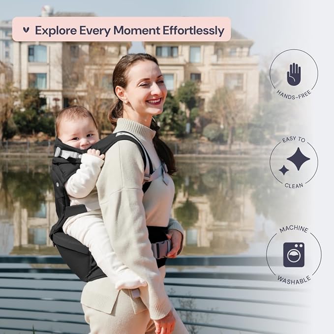 BabbleRoo Grow Carrier – Safety-Certified 6-in-1 Baby Carrier with Hip Seat, Ergonomic & Adjustable Toddler Carrier 7-50 lbs with Hip Support, Hood for Sun Protection, Newborn to Toddler, Black