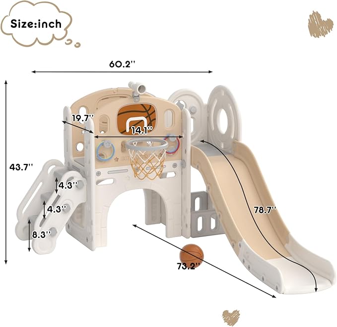 XJD 8 in 1 Toddler Slide Set, Kids Slide for Toddlers Age 1+, Toddler Climber Slide PlaySet with Basketball Hoop and Ball,Outdoor Indoor Playground for Toddlers 1-3 (Beige Coffee, 8 in 1)