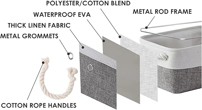 TcaFmac Small Storage Baskets for Shelf 6 Pack Canvas Storage Basket with Handles Fabric Storage Basket for Organizing Storage Bin (White and Grey, 12x8x5")