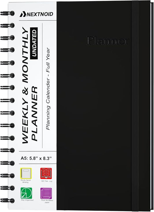 Undated Monthly and Weekly Planner - 12 Month Calendar Planner Notebook with Week Days - Hardcover Undated Planners Blank Agenda Book - A5 Black