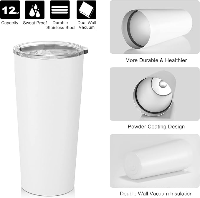 VEGOND 20oz Tumbler Bulk with Lid and Straw 12 Pack, Stainless Steel Vacuum Insulated Tumbler, Double Wall Coffee Cup Travel Mug, White