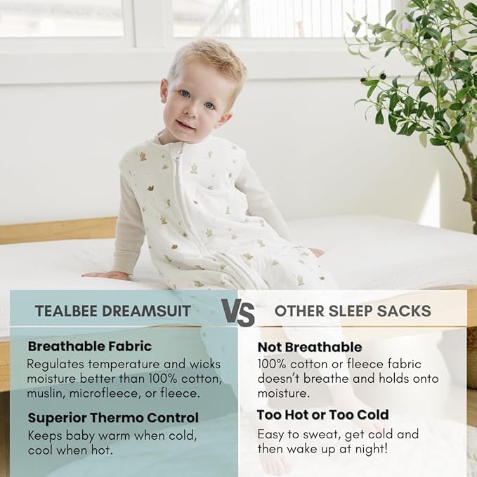 Tealbee DREAMSUIT: Toddler Sleep Sack with Feet 12-18 Months, 18-24 Months - 0.8 TOG Lightweight Summer Baby Wearable Blanket for Walkers - Rayon Made from Bamboo, Organic Cotton Sleeping Bag - Cactus