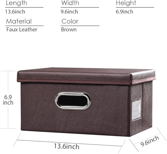 PRANDOM Collapsible Storage Box with Lid [3-Pack] Leather Fabric Foldable Storage Bin Organizer Container Basket Cube with Cover for Home Bedroom Closet Office Nursery Brown(13.6x9.6x6.9)