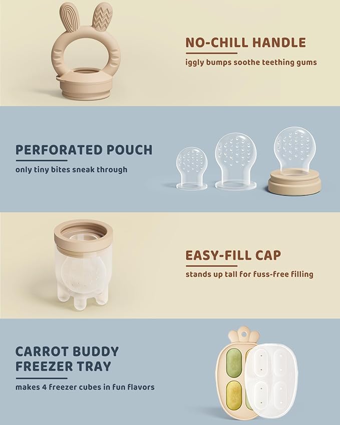 2 Packs Baby Fruit Feeder & Freezer Nibble Tray Combo, Push Pop Baby Food Feeder to Safely Introduce New Foods, Fresh & Frozen Food Silicone Feeder, 100% Food Grade, BPA Free (Caramel & Blue)