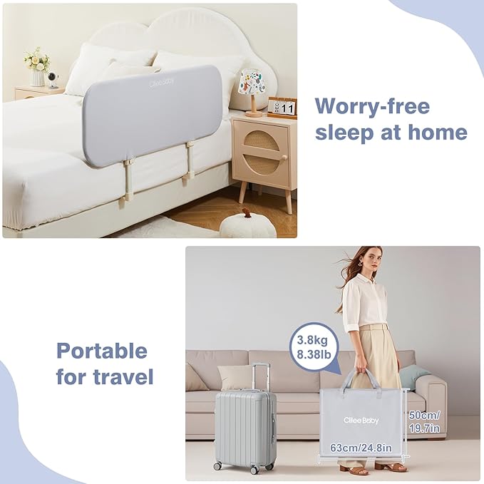 Ciilee Baby Bed Rail for Toddlers Portable Travel Kids Beds Guard Rails for Queen Bed Foldable Children Side Railing for Twin Beds Adjustable Bedrail Barandas para Camas de Niños（Grey,48in