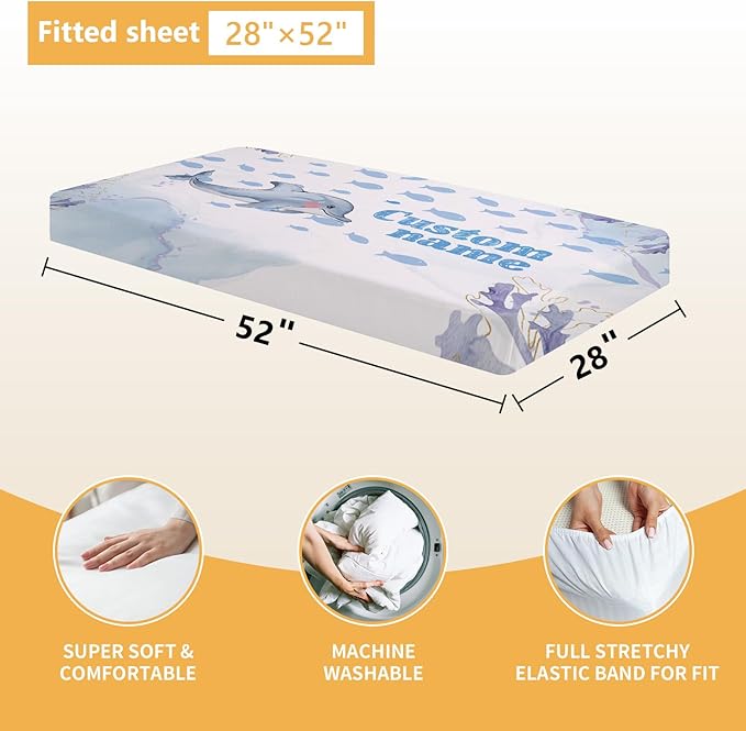 Personalized Baby Crib Bedding Set, 5 Pcs Custom Name Nursery Bedding Set, Blue Dolphin Baby Bedding Set for Girls Boys, Double Layer Baby Crib Sets, Customized Gifts for Toddlers Kids Infants