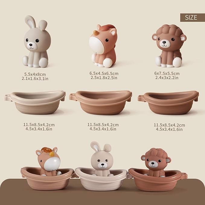 Nueplay Bathtub Toys for Toddlers 18M+，Baby Bath Toys with Animal Finger Puppets，Stackable Boat Train，Gift for Baby & Toddlers Set of 6