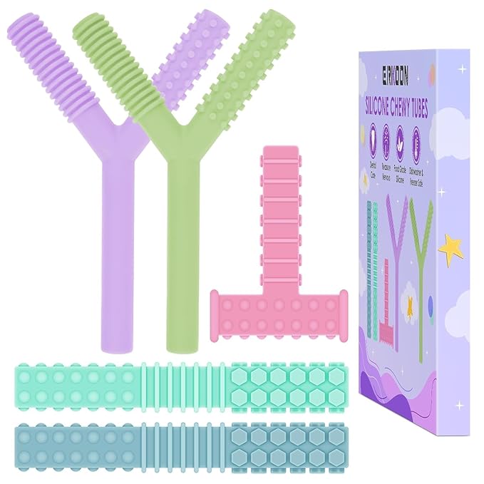 ERKOON 5 Pack Sensory Chew Toys for Autistic Children, Silicone Chewy Tubes Teething Tubes for Autism, ADHD, SPD, Chewies with Special Needs, Oral Motor Chewy Tool for Sensory Kids