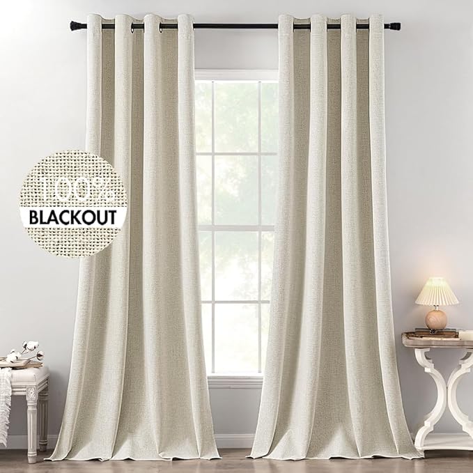 MIULEE 100% Blackout Linen Textured Curtains for Bedroom Solid Thermal Insulated Cream Grommet Room Darkening Curtains & Drapes Luxury Decor for Living Room Nursery 52 x 120 Inch (2 Panels)