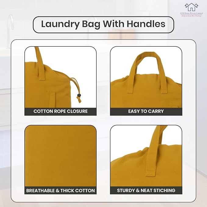 LFH Home Cotton Canvas Large Laundry Bag with Handle, Heavy Duty Drawstring Closure Washable Laundry Bags, School Travel, Home, Hotel, College Dorm, Organizer Sack, Toys Clothes 28x36-Yellow