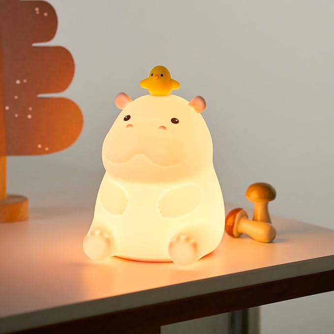 ATSUI Hippo Night Light, LED Squishy Novelty Animal Lamp, Food Grade Silicone, 2 Level Dimmable, Nursery Nightlight for Desk Decor, Funny Gifts Stuff for Boys Girls Baby, White Elephant Gifts