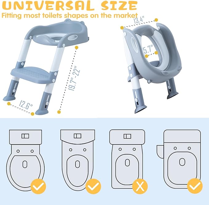 Potty Training Toilet Chair Seat with Step Stool Ladder for Kids and Toddler Boys Girls - Foldable Height Adjustable Children Toilet Training Seat with Safe Handles & Anti-Slip Pads, White-Grey