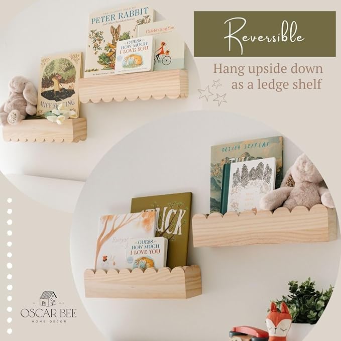 Set of 2 Scalloped Nursery Shelves – Preassembled Floating Cloud Wall Bookshelf for Kids, Baby & Toddler Room – Montessori Nursery Shelves – Kids Wall Book Shelf Display