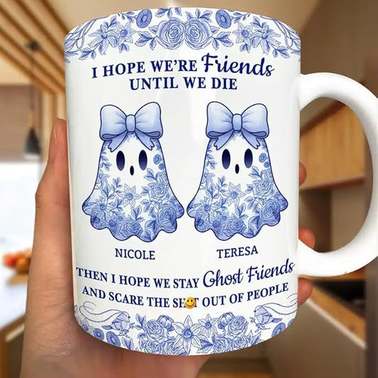 Personalized Mug - Trendy France-China Inspired Design - Fun Gift for Best Friends, Halloween Coffee Tea Cup - Cute Ghost Bestie Friends Until We Die Toile De Jouy Pattern