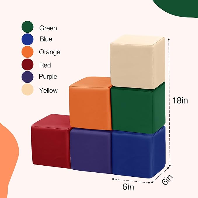 Foam Building Toys for Toddlers: 6Pcs Waterproof PU Leather Soft Foam Blocks - Colorful Large Stacking Blocks - Early Learning Construction Play Set for Kids Indoor Birthday Gift Preschool (Rainbow)