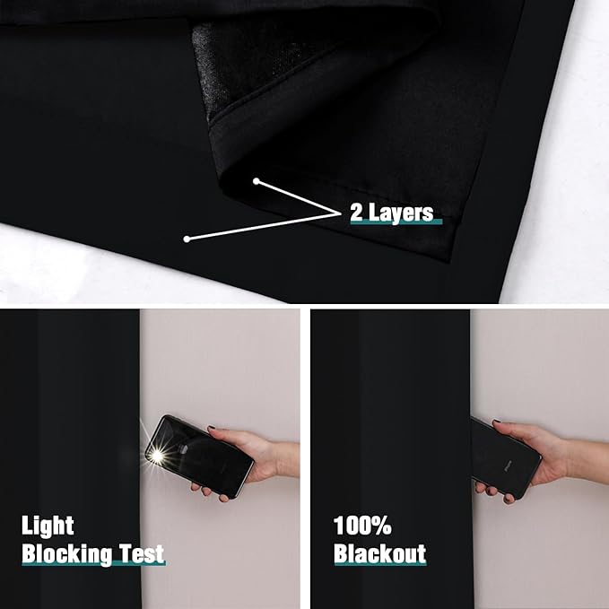 ChrisDowa 100% Blackout Curtains for Bedroom with Black Liner, 2 Thick Layers Total Blackout Thermal Insulated Grommet Window Curtains 2 Panels Set (Black, 52 x 72 Inch)