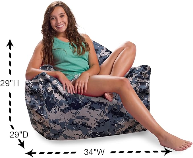 Posh Creations Structured Comfy Bean Bag Chair for Gaming, Reading and Watching TV, Malibu Lounge, Nylon - Camo Digital