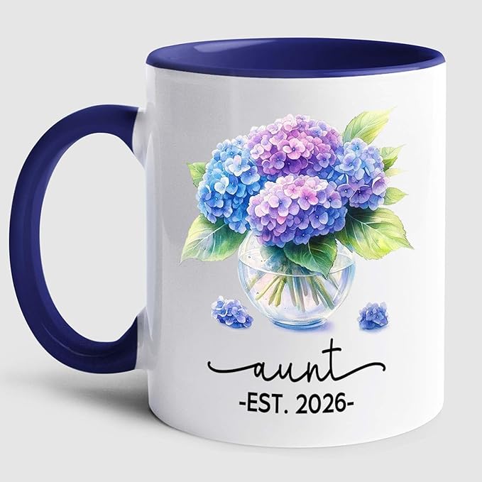 Personalized Year Name Aunt Coffee Mug Gift For Pregnancy Reveal Birthday, Customized Aunt EST 2026 Accent Cup, Hydrangea Auntie White Coffee Cup 11 15 Oz, Auntie to Be Mug Gift For Sister Besties