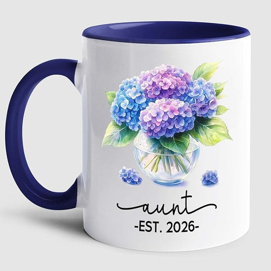Personalized Year Name Aunt Coffee Mug Gift For Pregnancy Reveal Birthday, Customized Aunt EST 2026 Accent Cup, Hydrangea Auntie White Coffee Cup 11 15 Oz, Auntie to Be Mug Gift For Sister Besties